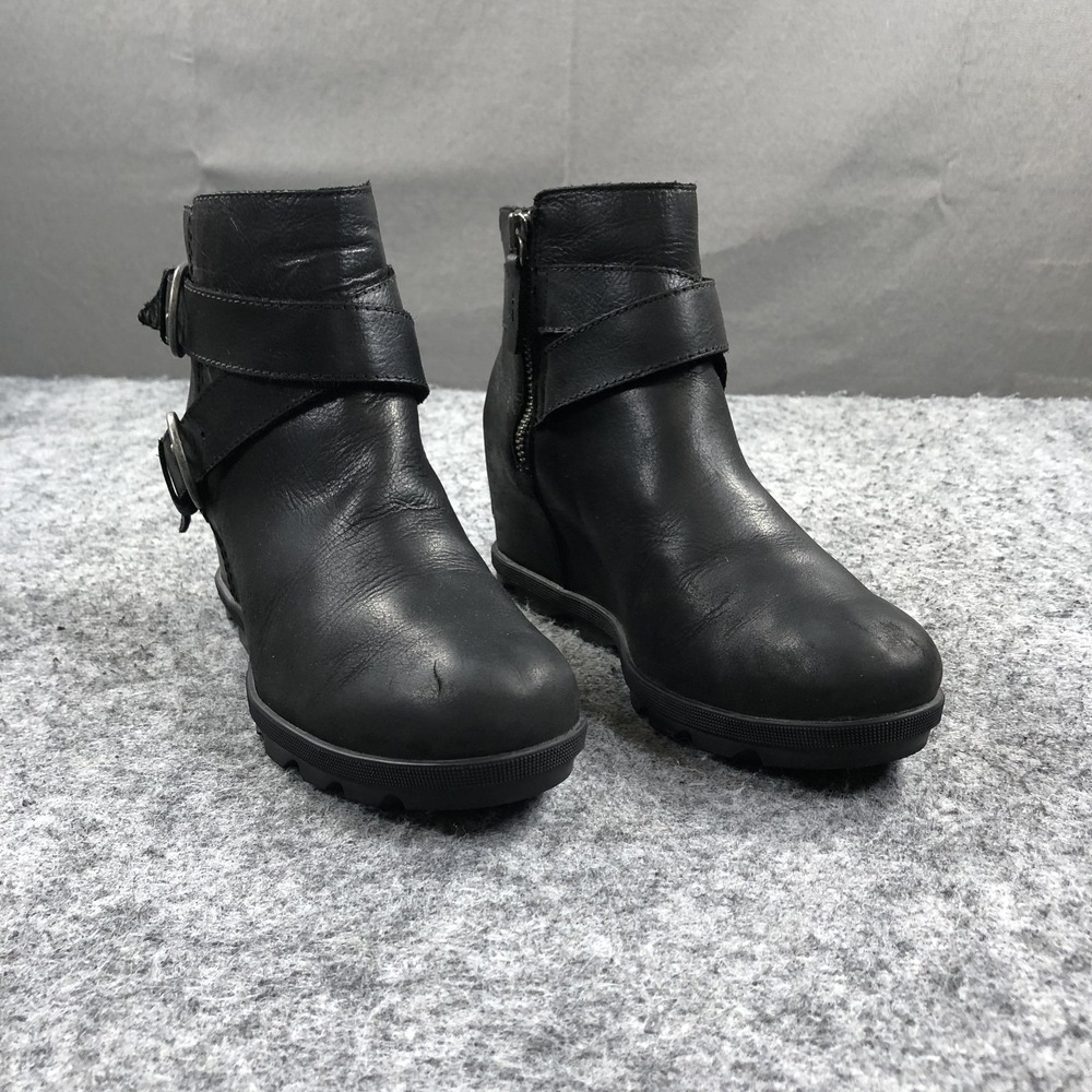 Sorel Joan of Arctic Wedge Boots Womens 9.5 Black Leather Buckle Zip Ankle
